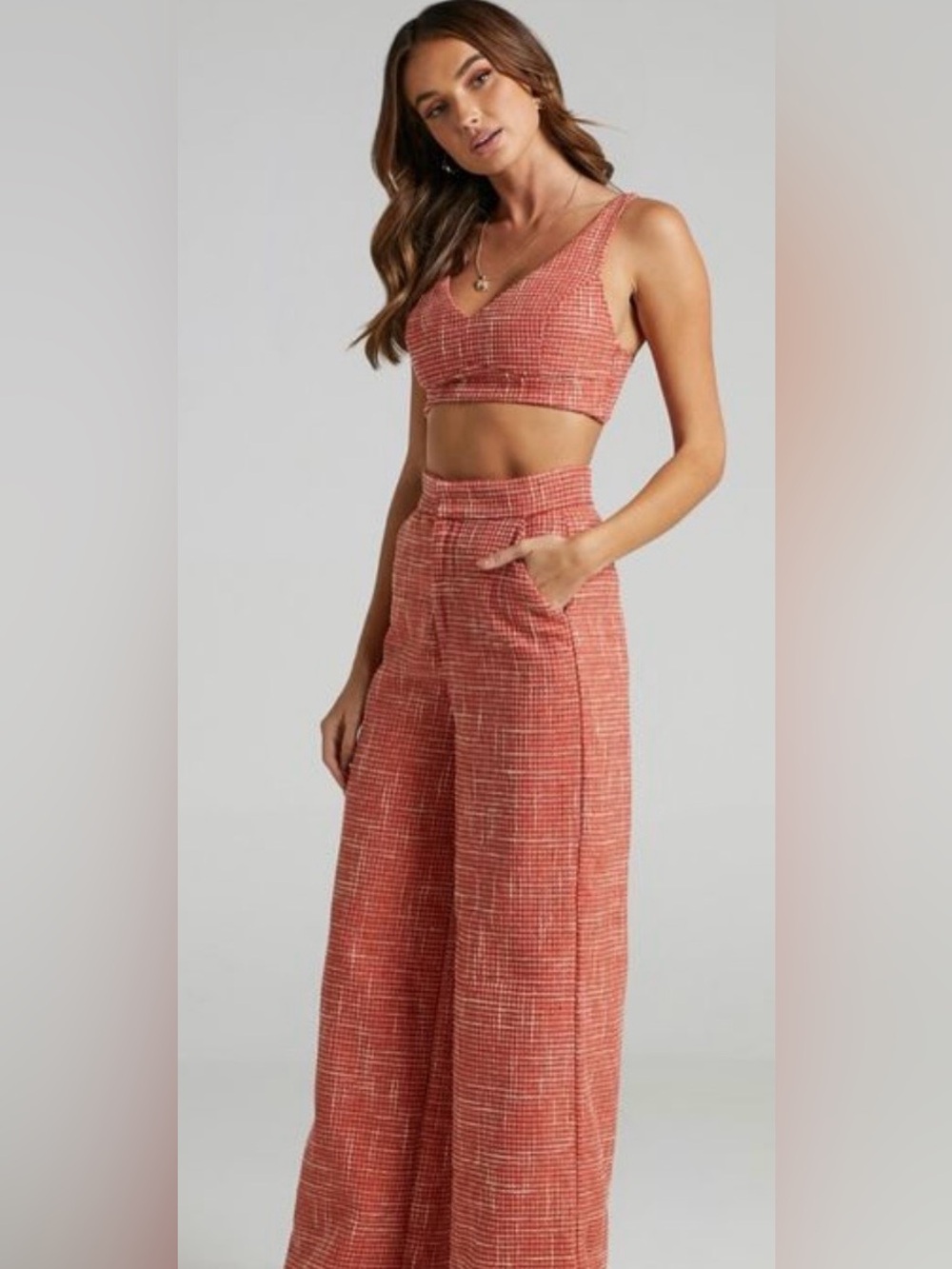 NWT Showpo Adelaide Two Piece Tweed Crop Top & Wide Leg Pants Set Burnt Orange